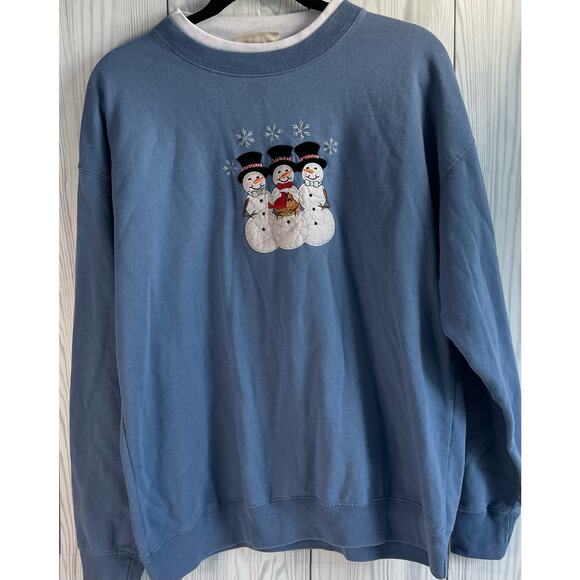 90s Y2k Snowman Cardinal Sweatshirt Cottagecore Blue Pullover Grannycore Sz L - Picture 1 of 5